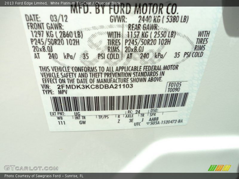 White Platinum Tri-Coat / Charcoal Black 2013 Ford Edge Limited