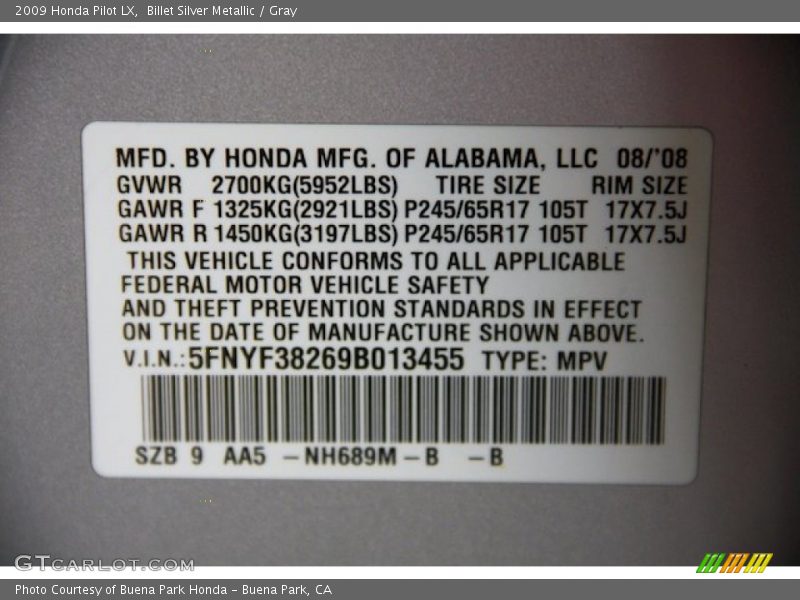 Billet Silver Metallic / Gray 2009 Honda Pilot LX