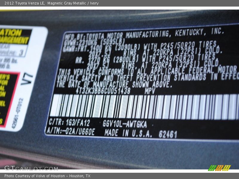 Magnetic Gray Metallic / Ivory 2012 Toyota Venza LE