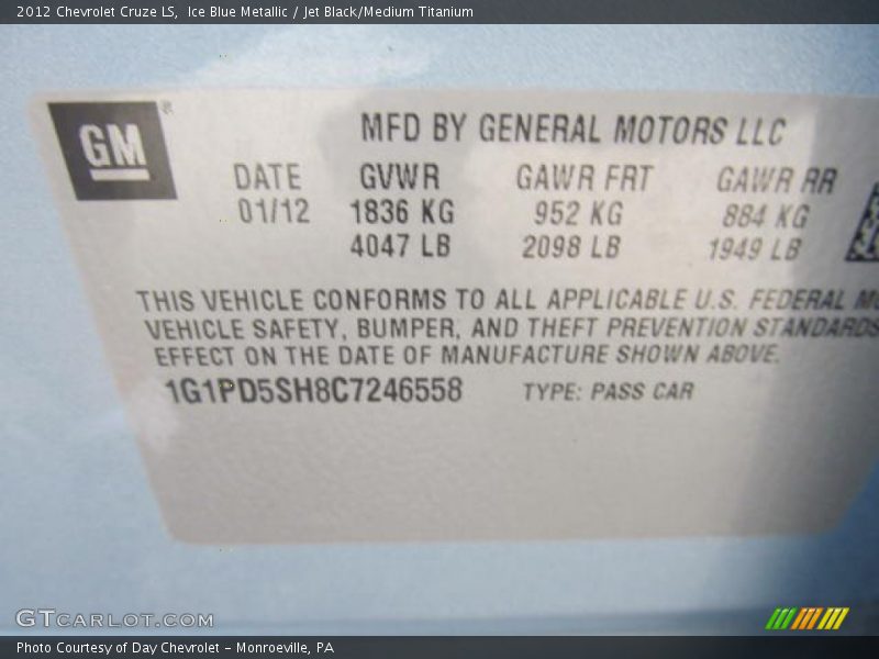 Ice Blue Metallic / Jet Black/Medium Titanium 2012 Chevrolet Cruze LS