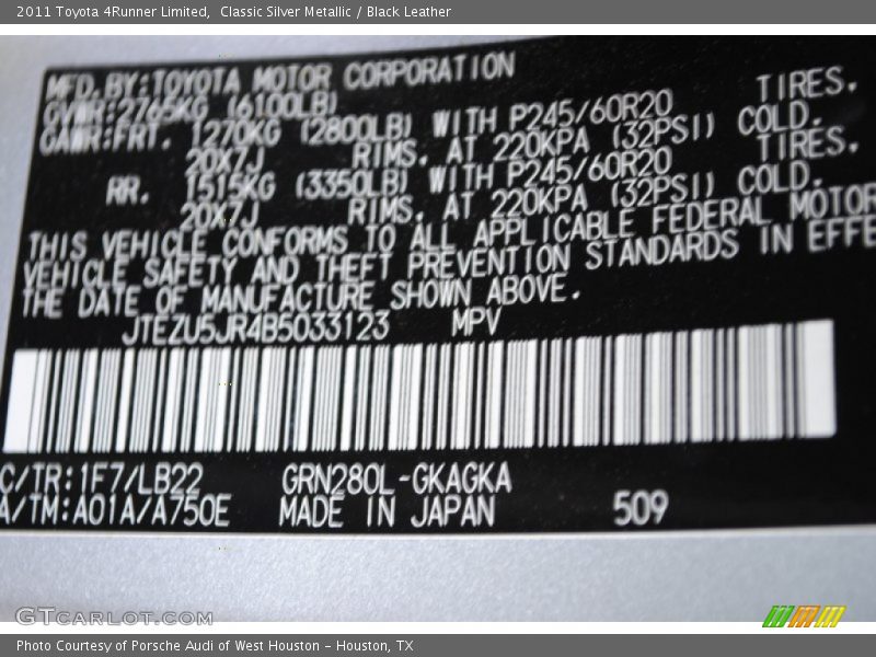 Classic Silver Metallic / Black Leather 2011 Toyota 4Runner Limited