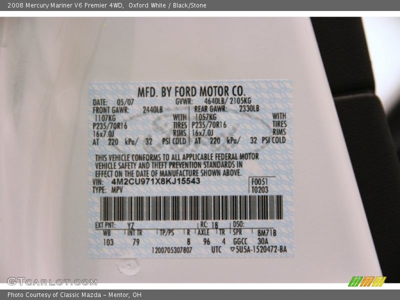 Oxford White / Black/Stone 2008 Mercury Mariner V6 Premier 4WD