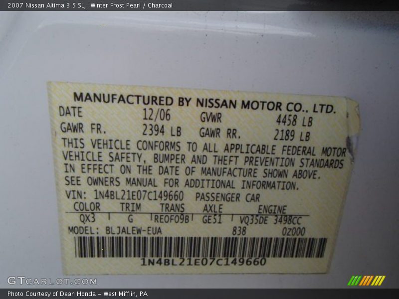 Winter Frost Pearl / Charcoal 2007 Nissan Altima 3.5 SL