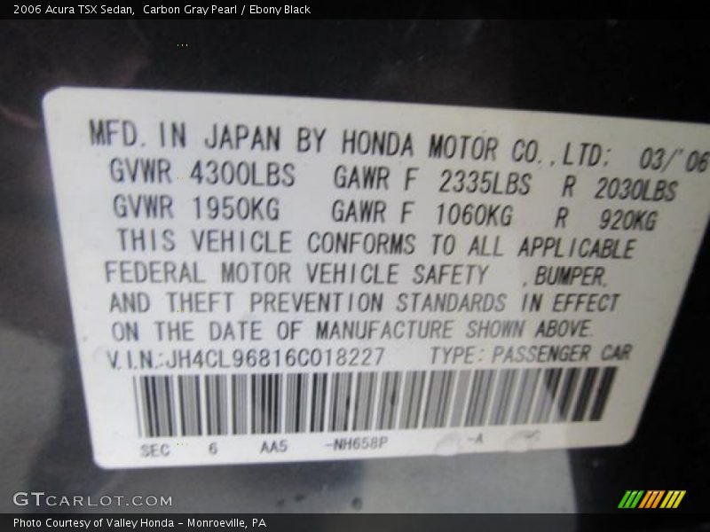 Carbon Gray Pearl / Ebony Black 2006 Acura TSX Sedan