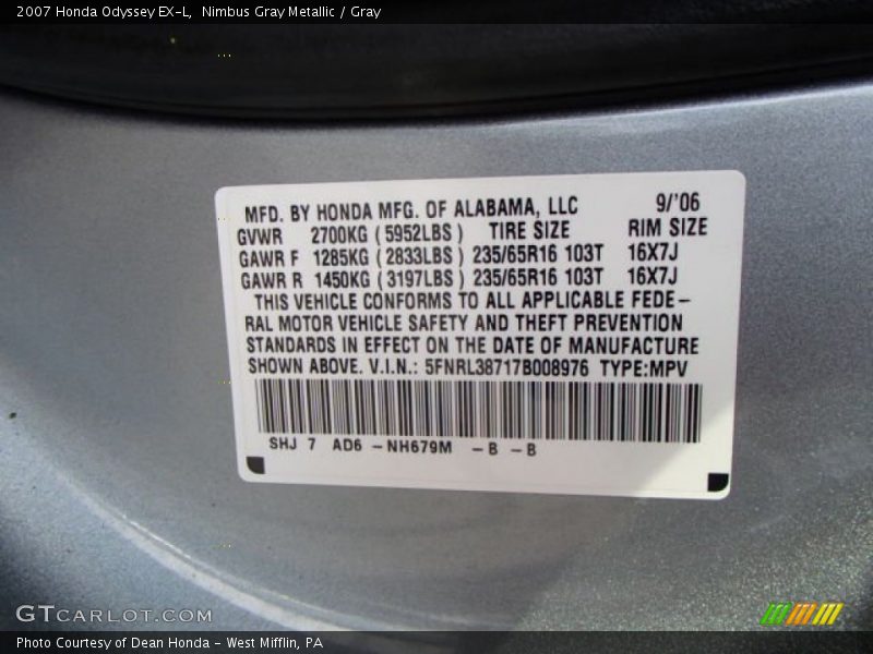 Nimbus Gray Metallic / Gray 2007 Honda Odyssey EX-L