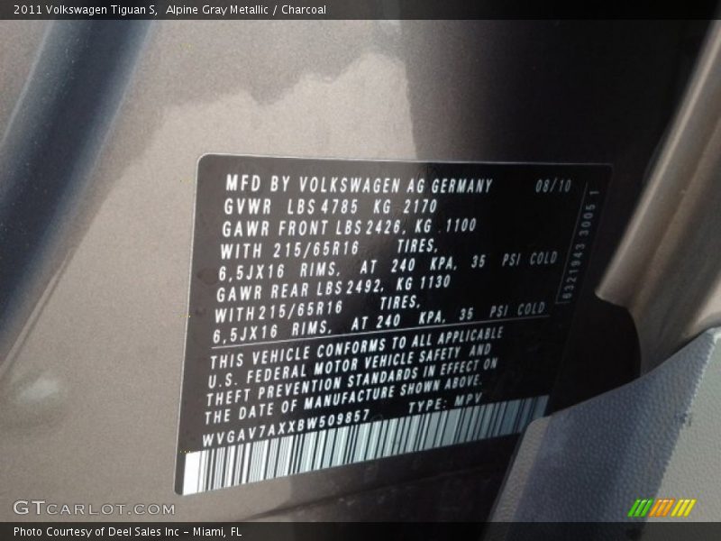 Alpine Gray Metallic / Charcoal 2011 Volkswagen Tiguan S