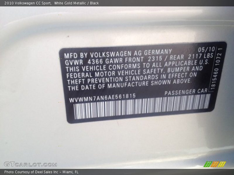 White Gold Metallic / Black 2010 Volkswagen CC Sport