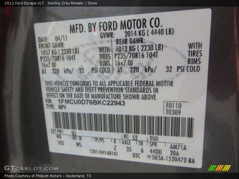 Sterling Grey Metallic / Stone 2011 Ford Escape XLT