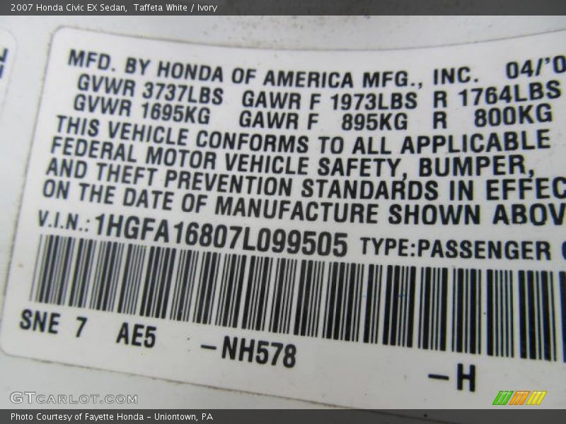 Taffeta White / Ivory 2007 Honda Civic EX Sedan