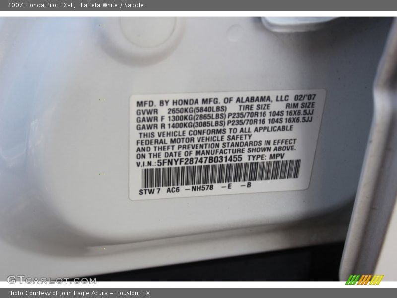 Taffeta White / Saddle 2007 Honda Pilot EX-L