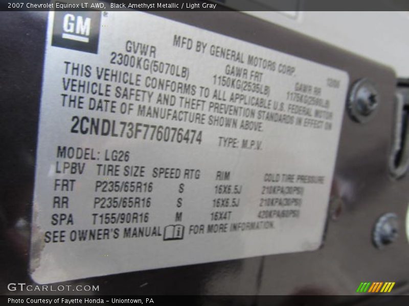 Black Amethyst Metallic / Light Gray 2007 Chevrolet Equinox LT AWD