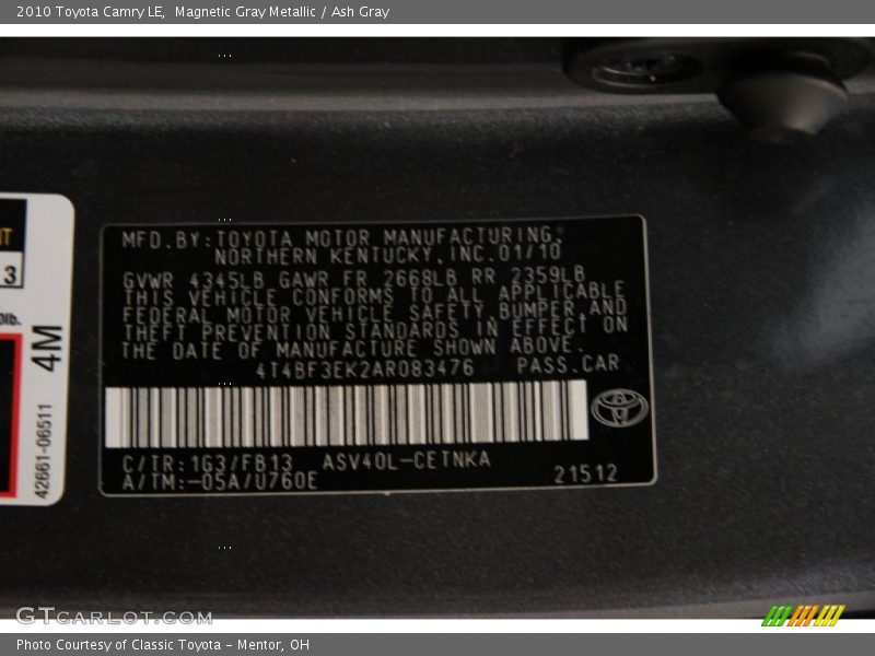 Magnetic Gray Metallic / Ash Gray 2010 Toyota Camry LE