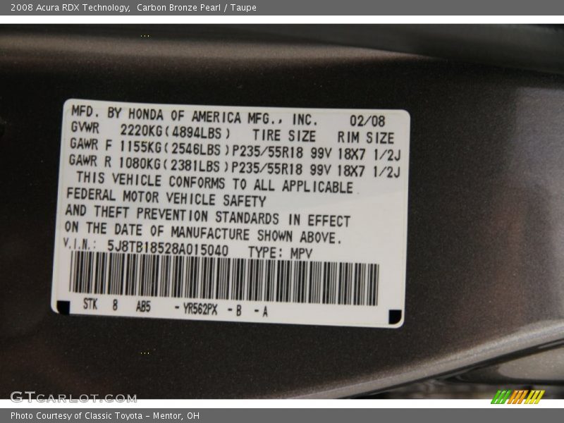Carbon Bronze Pearl / Taupe 2008 Acura RDX Technology