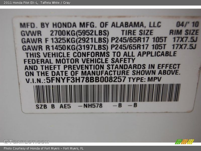 Taffeta White / Gray 2011 Honda Pilot EX-L
