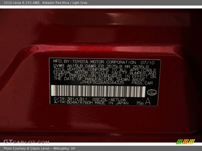 2010 IS 250 AWD Matador Red Mica Color Code 3R1