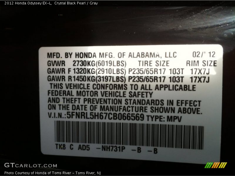 Crystal Black Pearl / Gray 2012 Honda Odyssey EX-L