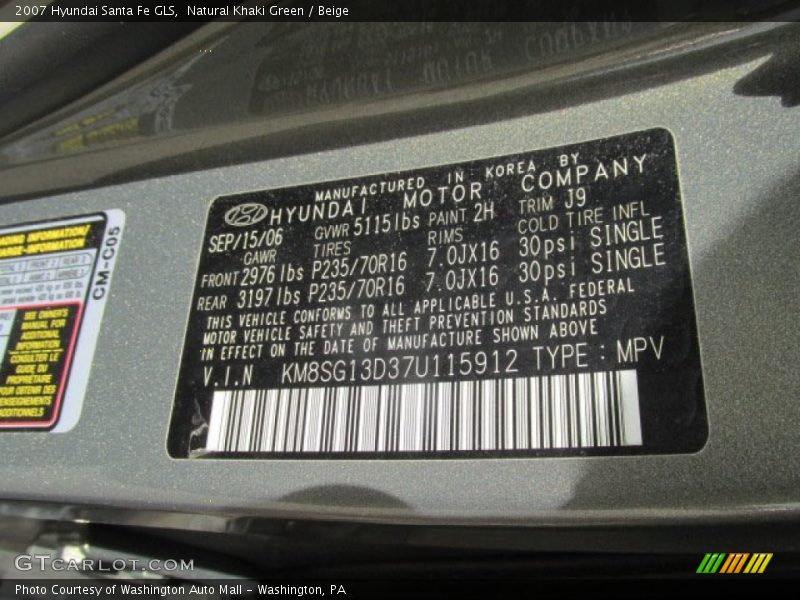 2007 Santa Fe GLS Natural Khaki Green Color Code 2H