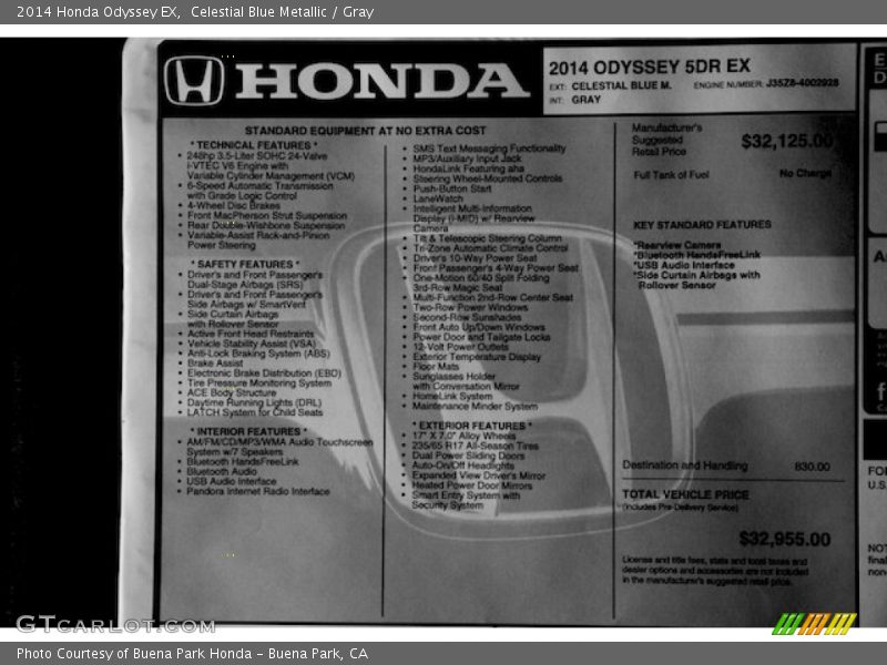 Celestial Blue Metallic / Gray 2014 Honda Odyssey EX