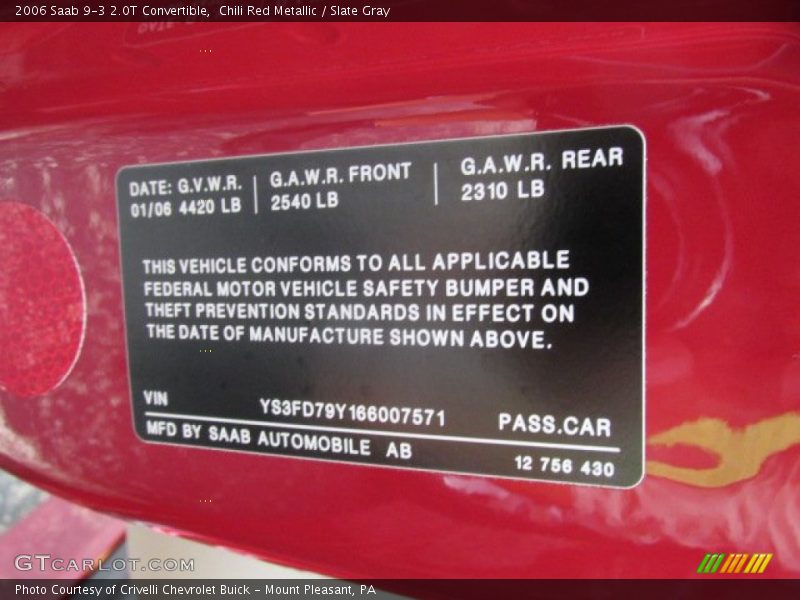 Chili Red Metallic / Slate Gray 2006 Saab 9-3 2.0T Convertible