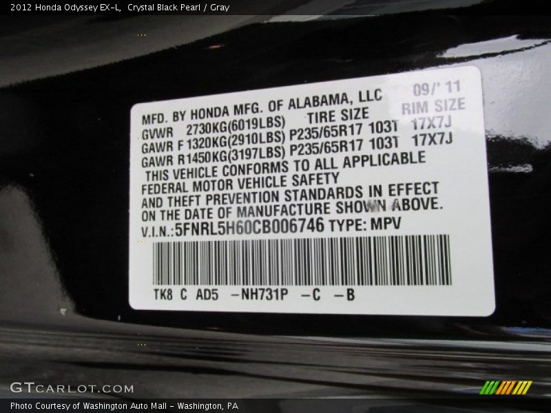 Crystal Black Pearl / Gray 2012 Honda Odyssey EX-L