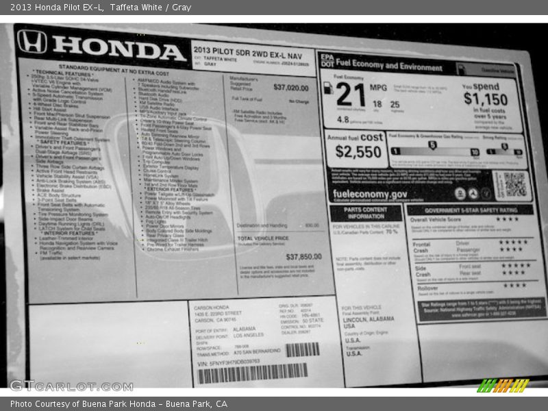 Taffeta White / Gray 2013 Honda Pilot EX-L