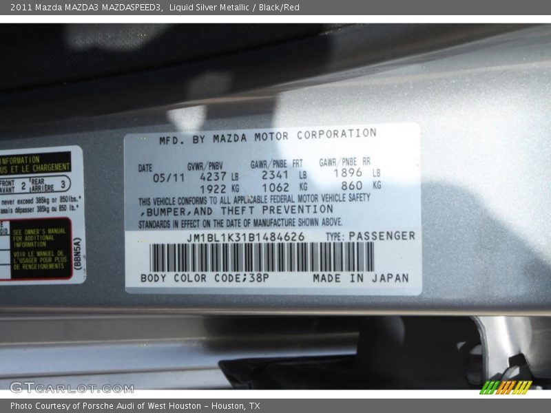 2011 MAZDA3 MAZDASPEED3 Liquid Silver Metallic Color Code 38P