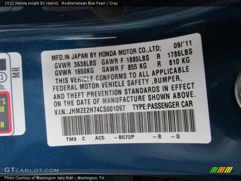 Mediterranean Blue Pearl / Gray 2012 Honda Insight EX Hybrid