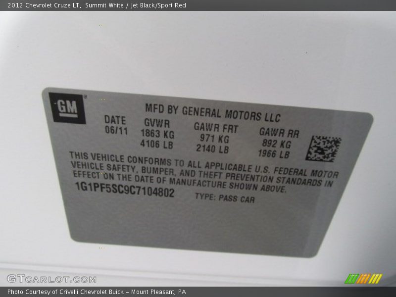 Summit White / Jet Black/Sport Red 2012 Chevrolet Cruze LT