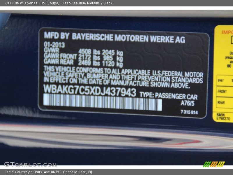 Deep Sea Blue Metallic / Black 2013 BMW 3 Series 335i Coupe