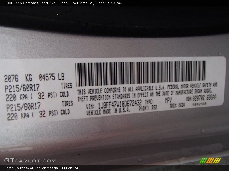 Bright Silver Metallic / Dark Slate Gray 2008 Jeep Compass Sport 4x4