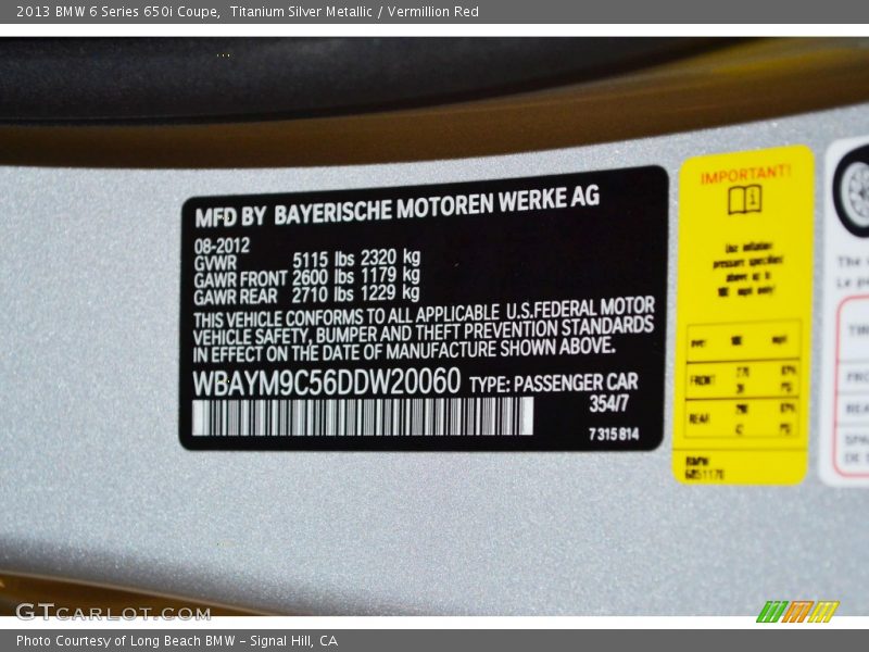 Titanium Silver Metallic / Vermillion Red 2013 BMW 6 Series 650i Coupe