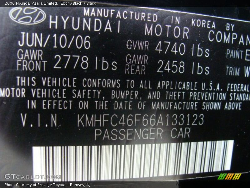 Ebony Black / Black 2006 Hyundai Azera Limited