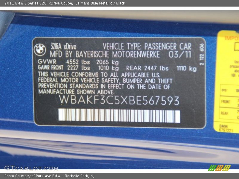 Le Mans Blue Metallic / Black 2011 BMW 3 Series 328i xDrive Coupe