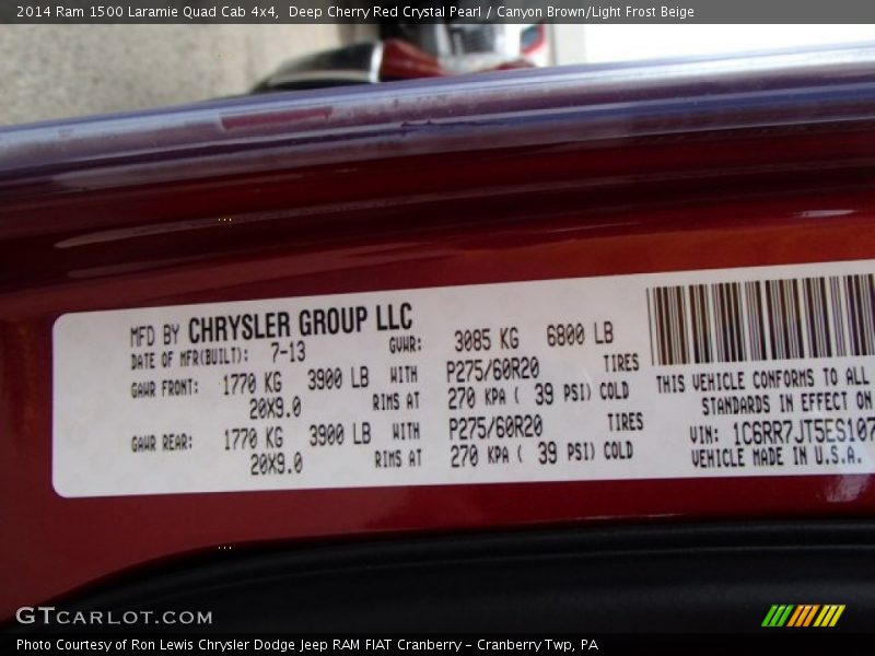 Deep Cherry Red Crystal Pearl / Canyon Brown/Light Frost Beige 2014 Ram 1500 Laramie Quad Cab 4x4