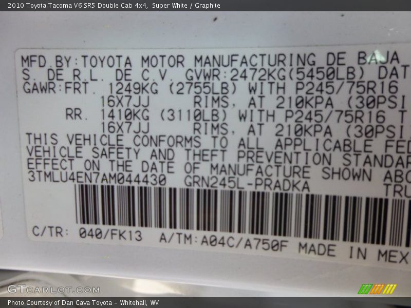 Super White / Graphite 2010 Toyota Tacoma V6 SR5 Double Cab 4x4