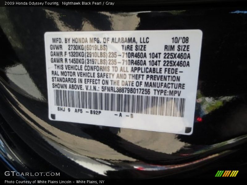 2009 Odyssey Touring Nighthawk Black Pearl Color Code B92P