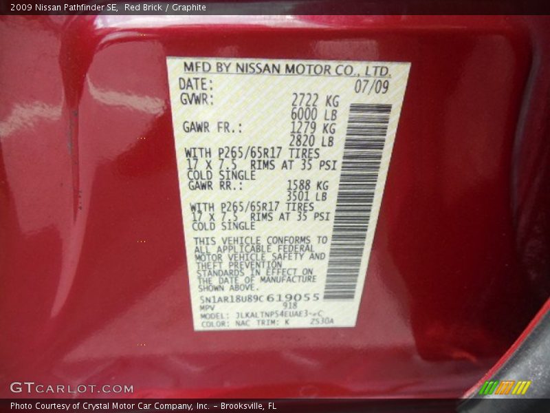 Red Brick / Graphite 2009 Nissan Pathfinder SE