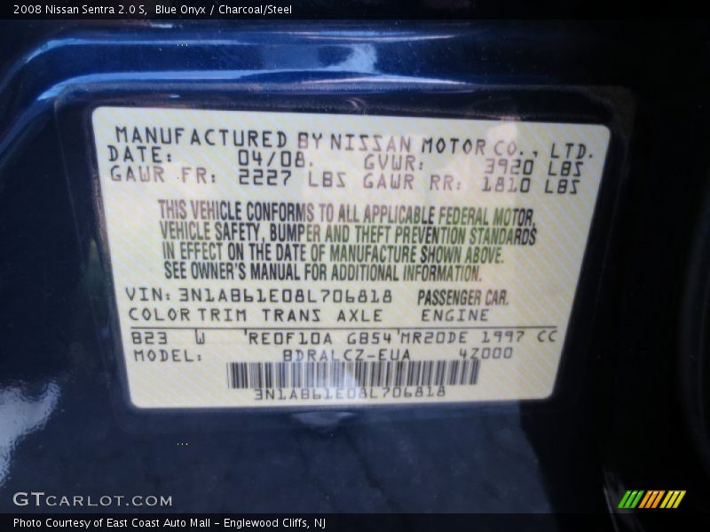 Blue Onyx / Charcoal/Steel 2008 Nissan Sentra 2.0 S