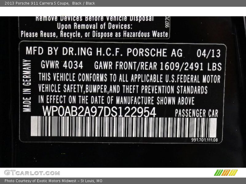 Info Tag of 2013 911 Carrera S Coupe