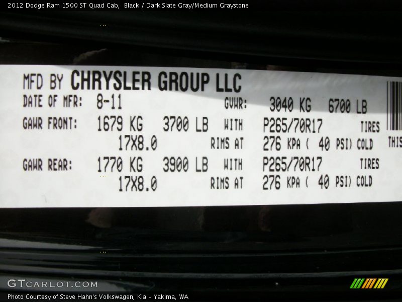 Black / Dark Slate Gray/Medium Graystone 2012 Dodge Ram 1500 ST Quad Cab