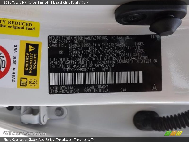 Blizzard White Pearl / Black 2011 Toyota Highlander Limited