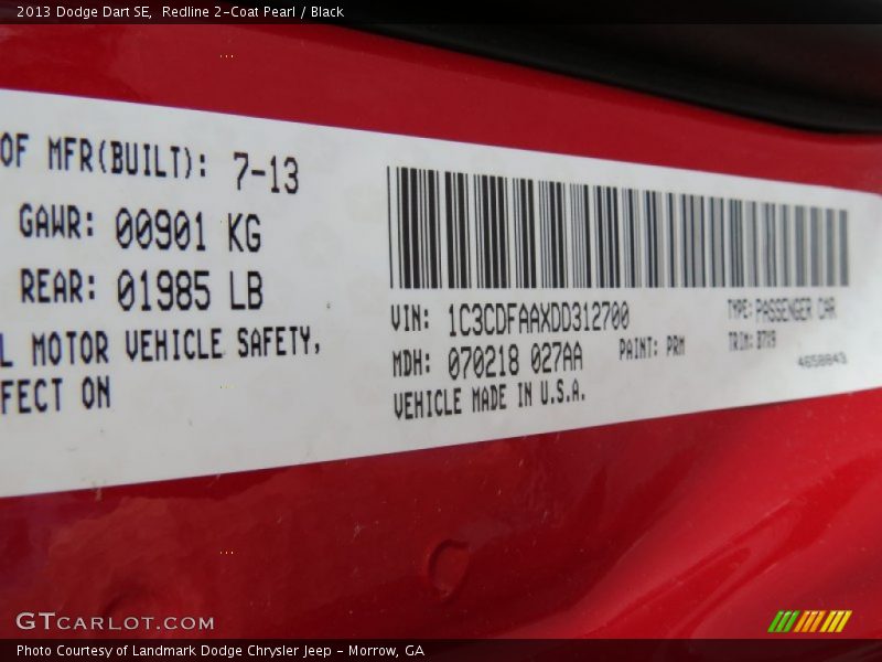 2013 Dart SE Redline 2-Coat Pearl Color Code PRM