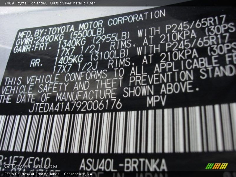 Classic Silver Metallic / Ash 2009 Toyota Highlander