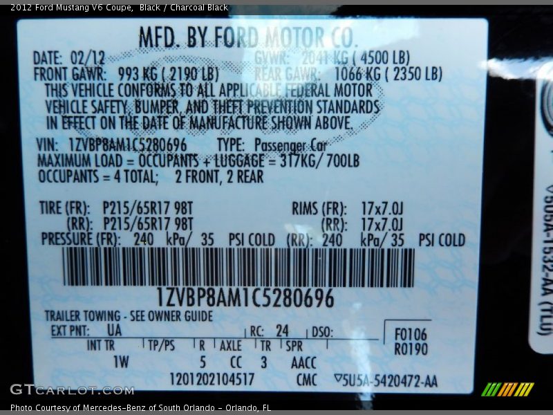 Black / Charcoal Black 2012 Ford Mustang V6 Coupe