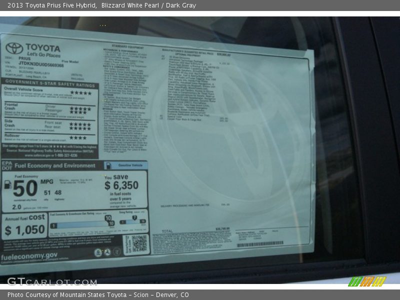 Blizzard White Pearl / Dark Gray 2013 Toyota Prius Five Hybrid