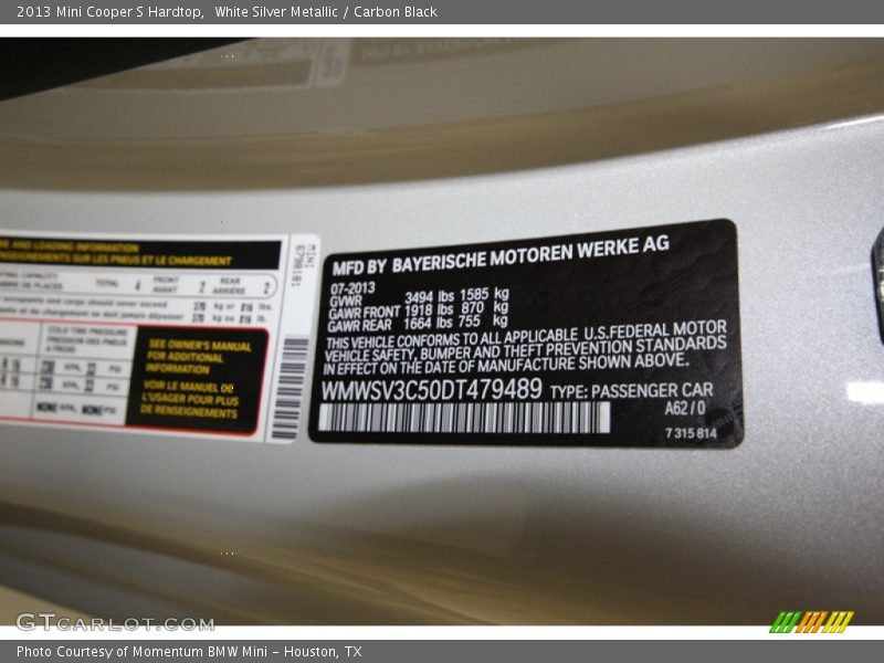 White Silver Metallic / Carbon Black 2013 Mini Cooper S Hardtop