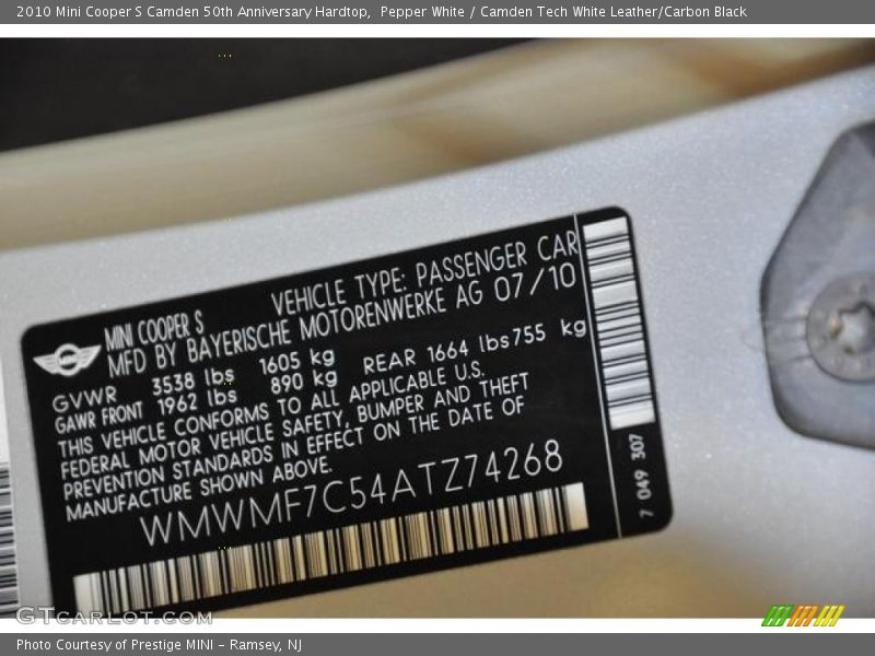 Pepper White / Camden Tech White Leather/Carbon Black 2010 Mini Cooper S Camden 50th Anniversary Hardtop