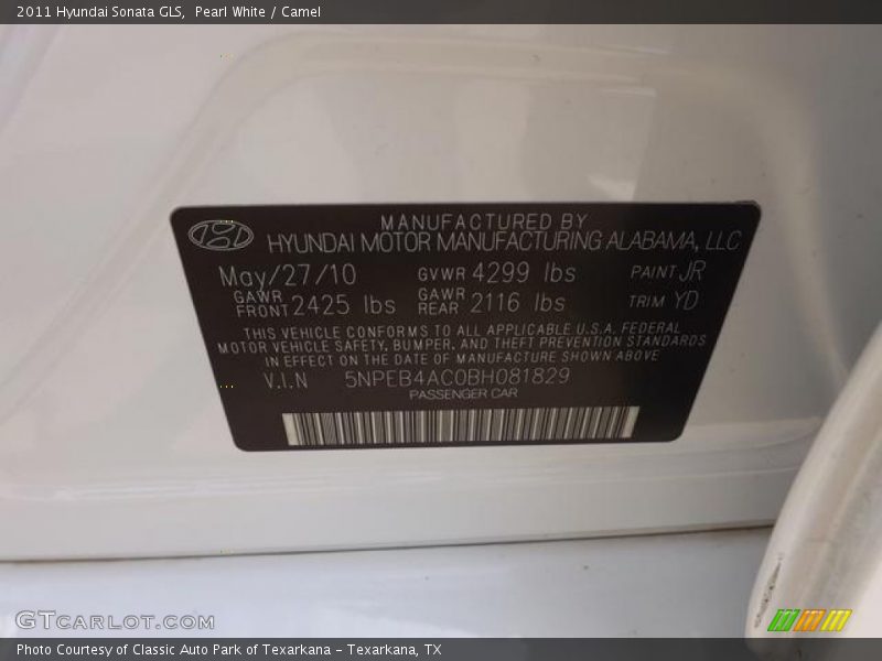 Pearl White / Camel 2011 Hyundai Sonata GLS