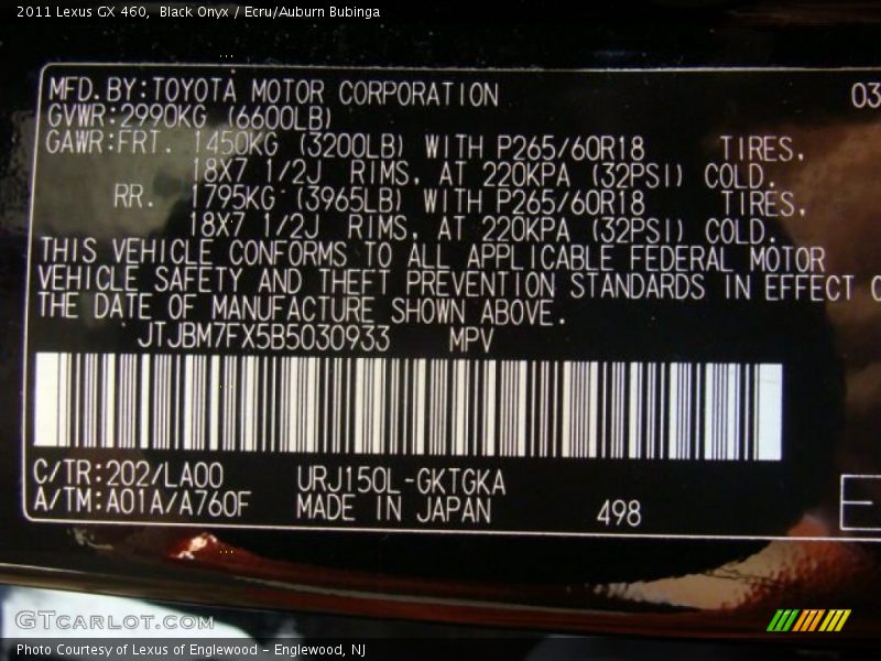 Black Onyx / Ecru/Auburn Bubinga 2011 Lexus GX 460