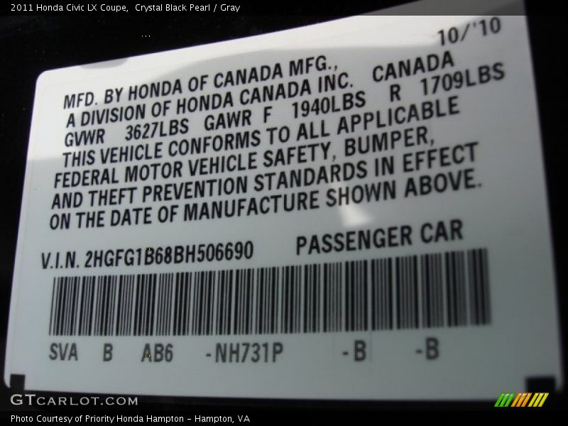 Crystal Black Pearl / Gray 2011 Honda Civic LX Coupe